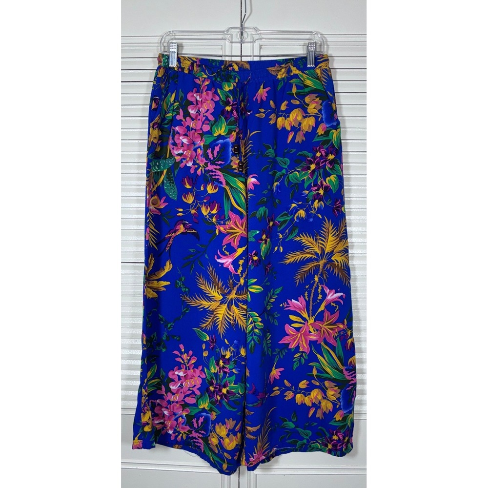 Cynthia Rowley Blue Floral Tropical Wide Leg Rayon Boho Resort Summer Pants M
